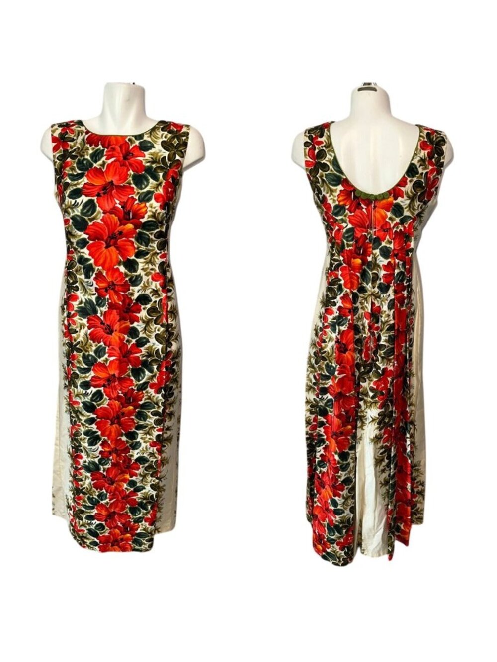Vintage 60s Tiki Mod Hawaiian Maxi Dress Red Hibiscus Floral Train Hostess Gown - Picture 2 of 9
